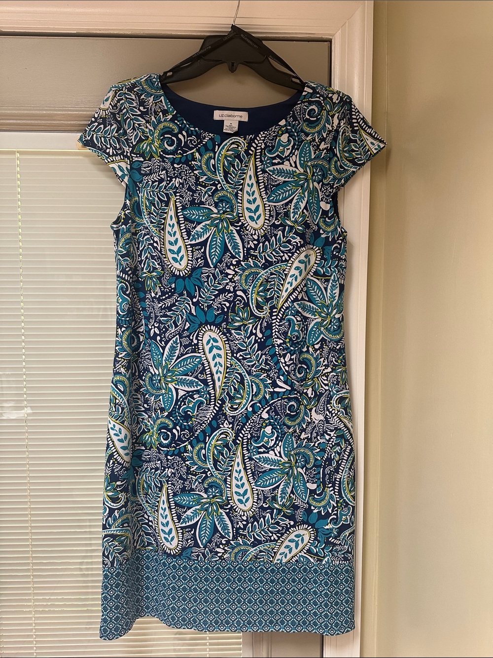 Liz Claiborne Navy and Teal Paisley Cap-Sleeve Midi Dress Never Worn Size Med
